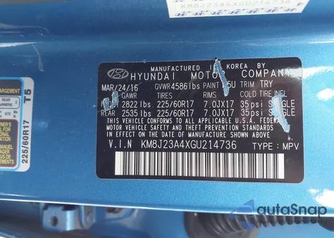 2016 Hyundai Tucson Se z USA, uszkodzony, nr VIN KM8J23A4XGU214736